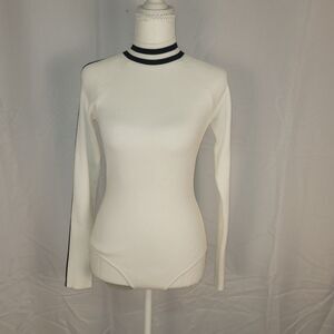 Lane 201 Ribbed Knit Bodysuit White Black Stripe Mock Neck Long Sleeve Medium